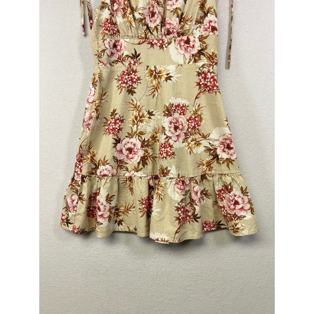 Speechless Floral Print Mini Dress Tan Pink White Ruffle Hem - Picture 7 of 9